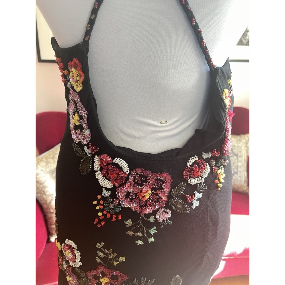 Vintage Y2K 100% Silk beaded Black Floral Evening Gown Midi -Sue Wong- 12 - Picture 10 of 16